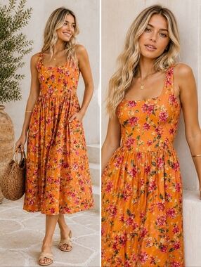 Wayf Corset Midi Dress Orange And Pink Floral Pockets Size XS